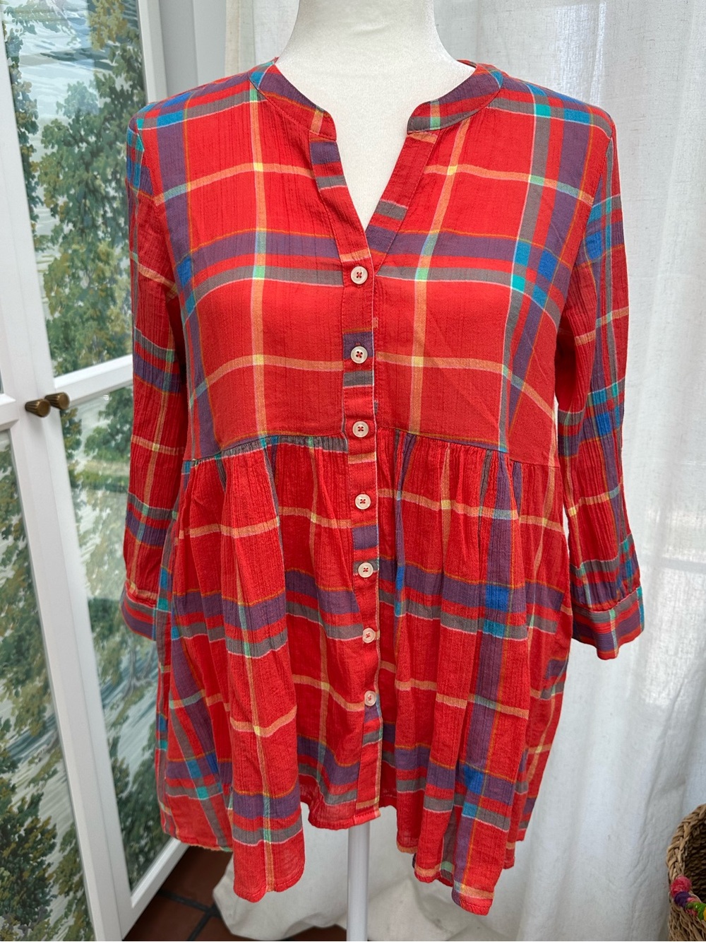 11•1 Tylho Babydoll Red Plaid Button Down Top Size Small